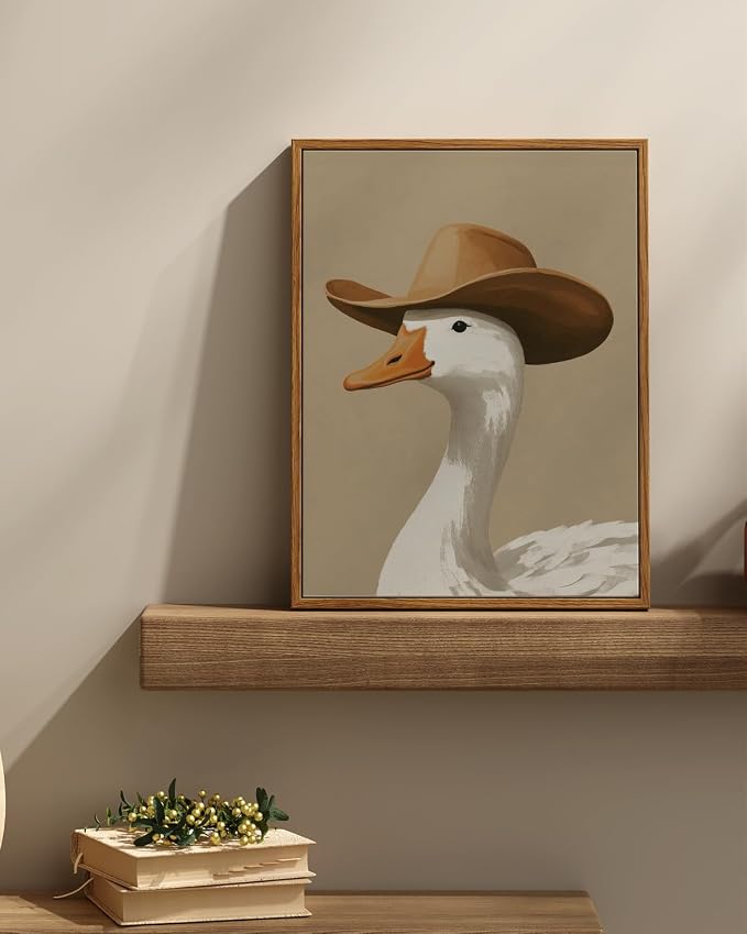 InSimSea Vintage Framed Wall Art, Cowboy Duck Canvas Print, Humorous Fun Art, Animal Oil Painting Wall Decor for Bathroom Bedroom Kitchen 12x16in