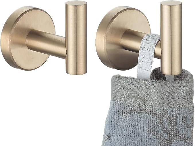 JQK Bathroom Towel Hook Champagne Bronze, Coat Robe Clothes Hook for Bathroom Wall Mounted (Pack of 2), SUS 304 Stainless Steel 0.8mm, TH100-CB-P2