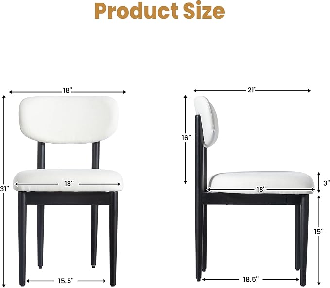 Casaphoria Upholstered Dining Chairs Set of 2, Mid-Century Modern Kitchen Chairs with Solid Wood Legs & Thick Cushion, Ergonomic Fabric Accent Chairs for Dining Room, Vanity & Office, White and Black