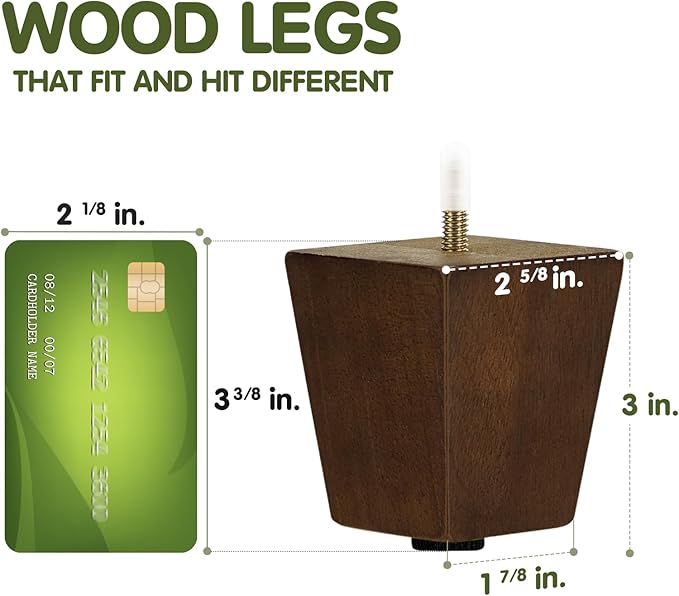 Yes4All 3 Inches Square Wood Furniture Legs Set of 4 - Wooden Replacement Feet for Couch - Adjustable Sofa, Ottomans Tapered Leg with Leveler - Brown Solid Wood Parts for Table, Chair
