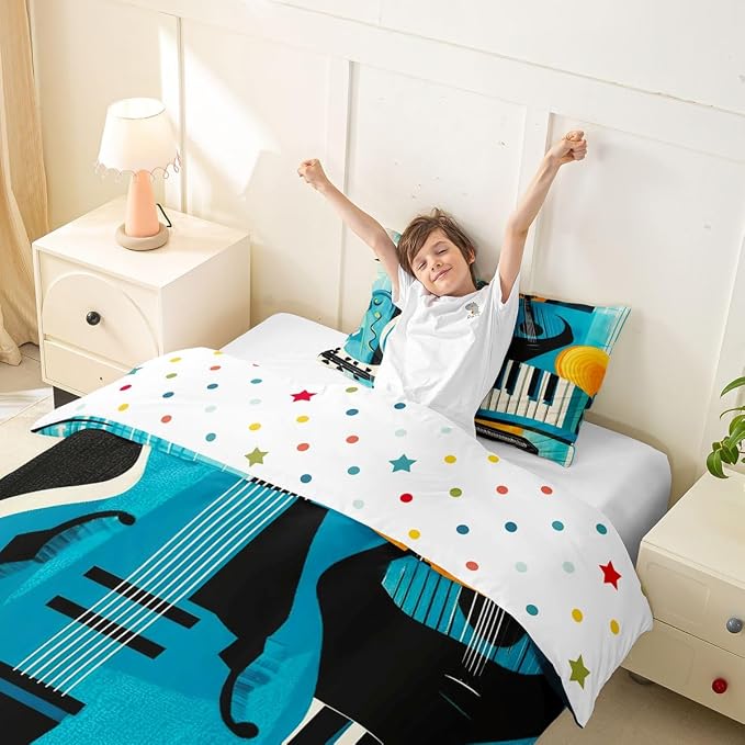 Erosebridal Retro Music Duvet Cover Twin for Adults - Modern Musical Instrument Bedding Set Abstract Geometric Square Comforter Cover,Mid Century Jazz Bed Set