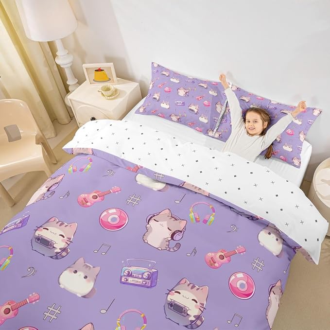 Erosebridal Cute Cat Toddler Duvet Cover Purple Kitten Bedding Set Guitar Musical Notes Comforter Cover for Kids Girls Boys Adults Cartoon Pet Animals Bed Set