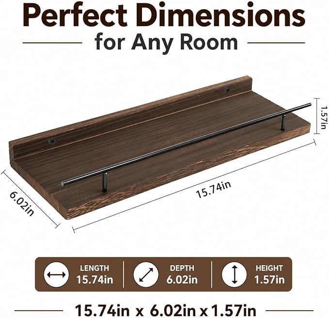 Wood Floating Shelves for Wall Set of 3, Rustic Bathroom Shelves with Guardrail, Wall Mounted Storage Shelves for Bedroom, Living Room and Kitchen