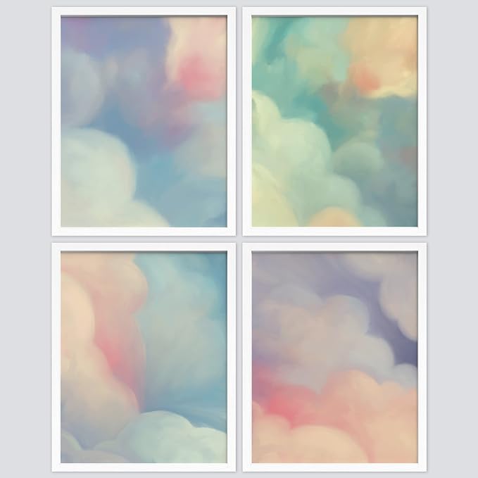 SIGNWIN Framed White Pastel Watercolor Rainbow Sky Clouds Wall Art, Set of 4 Abstract Geometric Wall Decor Prints, Nature Wilderness Wall Décor for Living Room, Bedroom - 11"x14" White