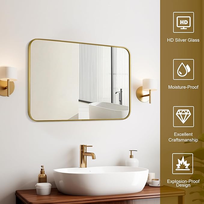 Gold Wall Mirror for Bathroom 30X36 Inch Stainless Steel Metal Frame Bathroom Vanity Mirror Rounded Rectangle Mirror Rustproof for Entryway, Living Room Hangs Vertically or Horizontally