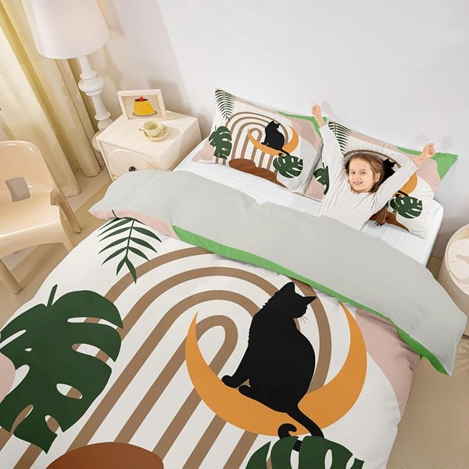 Erosebridal Funny Cat Bedding Set Queen Boho Mid Century Duvet Cover Modern Abstract Minimalism Geometric Comforter Cover for Kids Girls Boys Adults Tropical Palm Leaves Bed Set