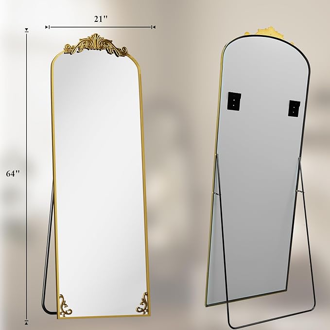 HARRITPURE Vintage Floor Mirror - 64"x 21" Large Baroque Carved Arched Full Length Mirrors with Metal Frame for Bedroom/Living Room/Entryway Retro Home Decor,Gold