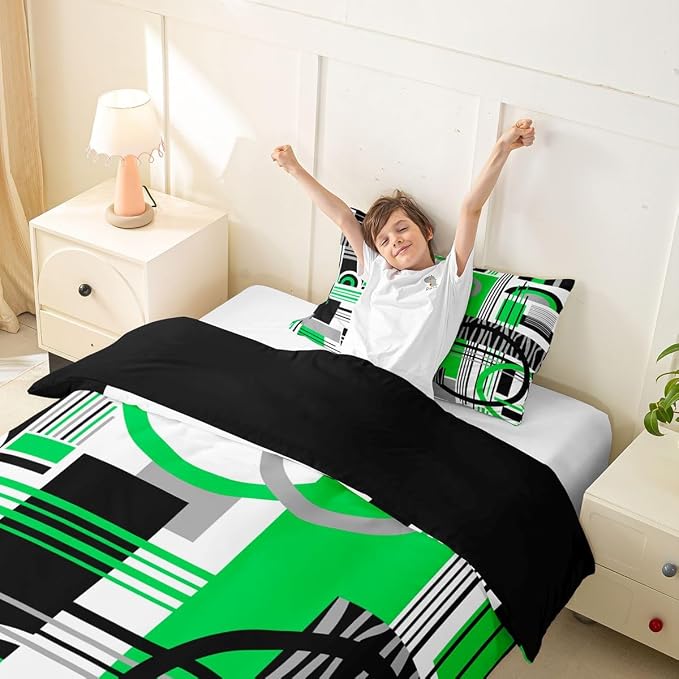 Erosebridal Art Deco Mid Century Duvet Cover Set Retro Modern Abstract Geometric Twin Bedding Sets for Girls Youth Boys Black and White Green Circles Stripes Comforter Cover Contemporary Bed Set