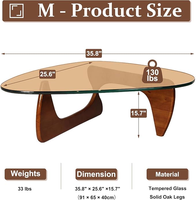 Glass Coffee Table, Triangle Coffee Table for Small Space, 35.8" Mid Century Modern Center Tables w/Tempered Glass Tabletop & Solid Legs, for Living Room Home Office, Unique