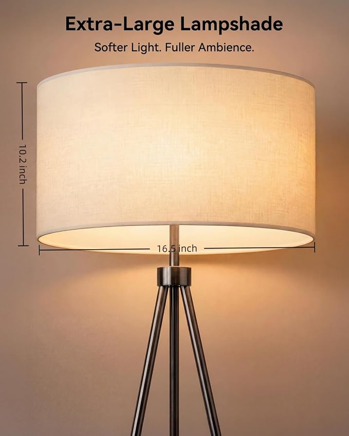 JOOFO Tripod Floor Lamp with Remote Control, Stepless Dimmable Tall Floor Lamp with Fabric Shade, Acrylic Bubble & Metal Pole Design, Modern Standing Lamp for Living Room Bedroom, Brushed Black