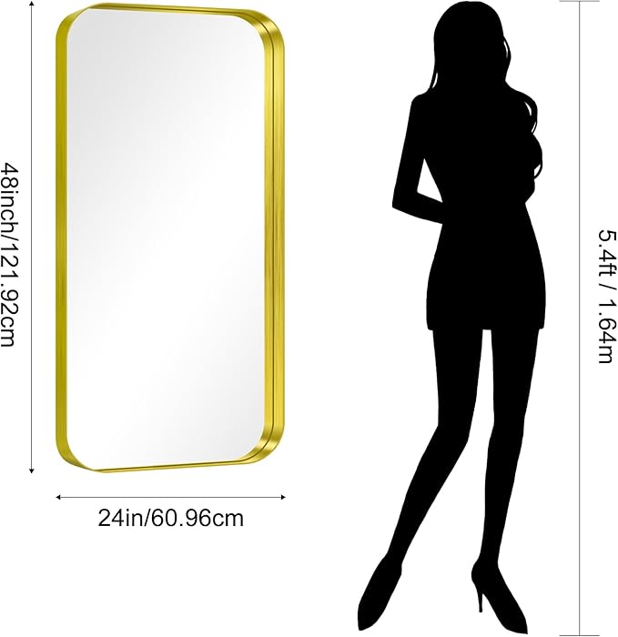 CIRCUMI Gold Bathroom Mirror, 24"x48" Rectangular Mirror with Deep Metal Frame, Rounded Corner, Tempered Glass, Large Mirror for Wall, Over 2 Sinks, Installed Vertically/Horizontally, Crystal-Clear