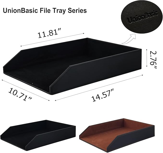 UnionBasic Stackable Document Paper Letter Tray, Faux Leather Desktop File Sorter Organizer Tray, Black