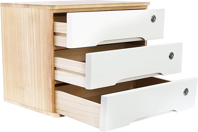 Desktop File Organizer with Lock, 2/3/4 Tier Multi-Drawer Wooden Storage Cabinet, Office Supply Organizer for Home Desk, Study & Workplace (Natural + White, 3 Layers)