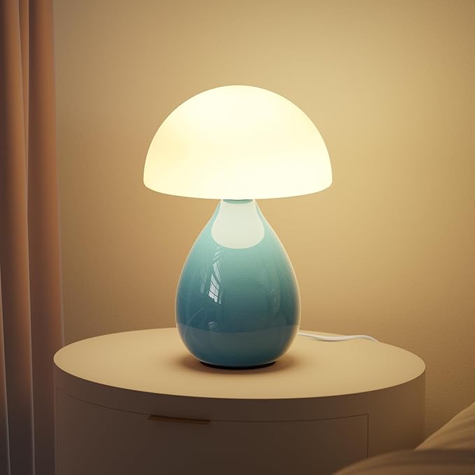 Mushroom Lamp, Vintage Small Table Lamp for Bedroom, Ice Crack Ceramic LED Night Light for Kids, Mid Century Modern Bedside Lamp for Nightstand, Living Room, Home Decor Gift Ideas for Women, Blue