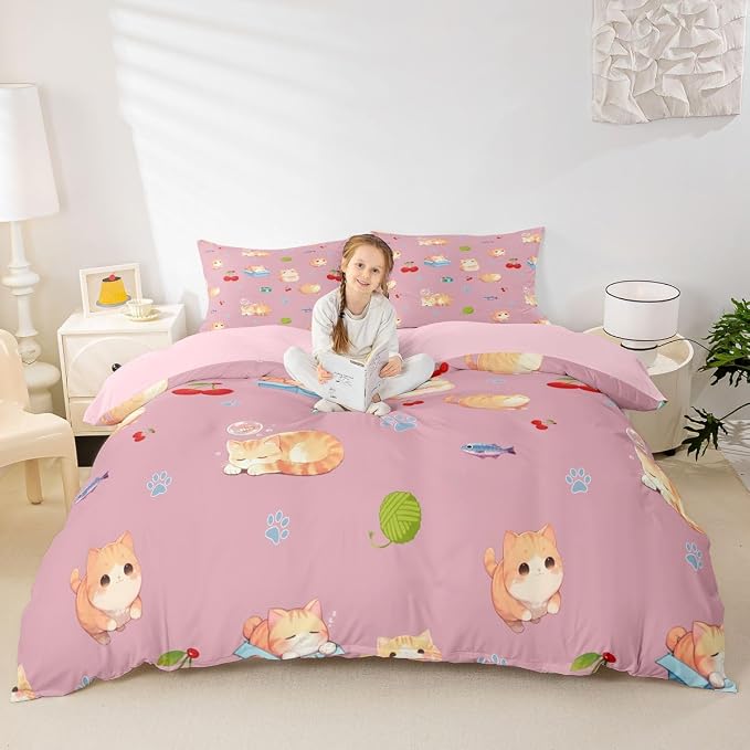 Erosebridal Pink Kitten Bedding Set King Cute Pet Cats Animals Duvet Cover Cherry Comforter Cover for Kids Girls Boys Adults Cat Paw Print Bed Set