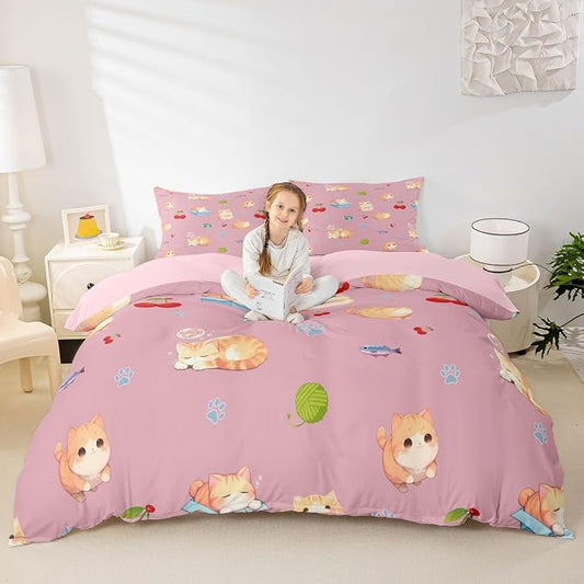 Erosebridal Pink Kitten Bedding Set King Cute Pet Cats Animals Duvet Cover Cherry Comforter Cover for Kids Girls Boys Adults Cat Paw Print Bed Set
