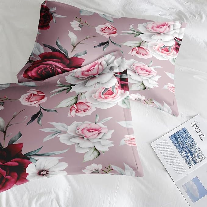 Pamnest Comforter Set Queen Size, Rose Flower Leaves 7 Pcs Bedding for Kids and Adults, Painting Vintage Bed Sheet Sets with Fitted Sheet 2 Pillowcases & 2 Shams for Bedroom Bed Decor