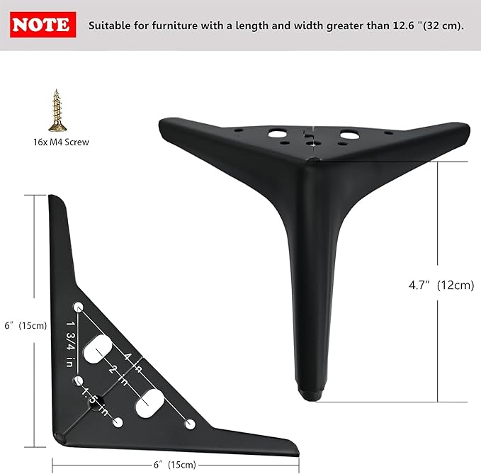4.7 inch/12cm Matte Black Metal Furniture Legs Set of 4, DIY Replacement for Short Cabinet Legs, Sofa Legs, Small Dresser Legs