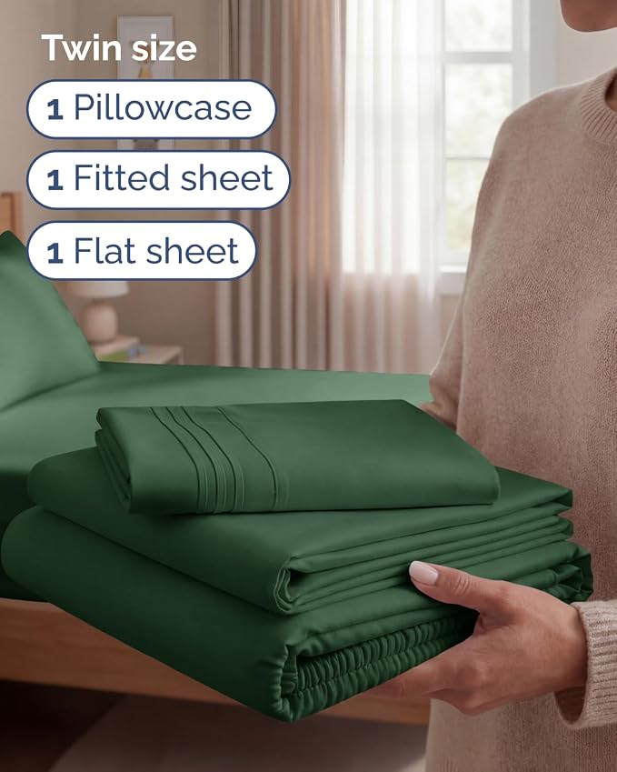 Twin Size 3 Piece Sheet Set - Comfy Breathable & Cooling Sheets - Hotel Luxury Bed Sheets for Women & Men - Deep Pockets, Easy-Fit, Soft & Wrinkle Free Sheets - Emerald Green Oeko-Tex Bed Sheet Set