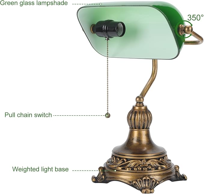 NISSAFORS Bankers Lamp with Pull Switch, Green Glass Desk Lamp with Retro Black/Gold Finish, Vintage Table Lamps for Living Room, Library, Piano(Green)