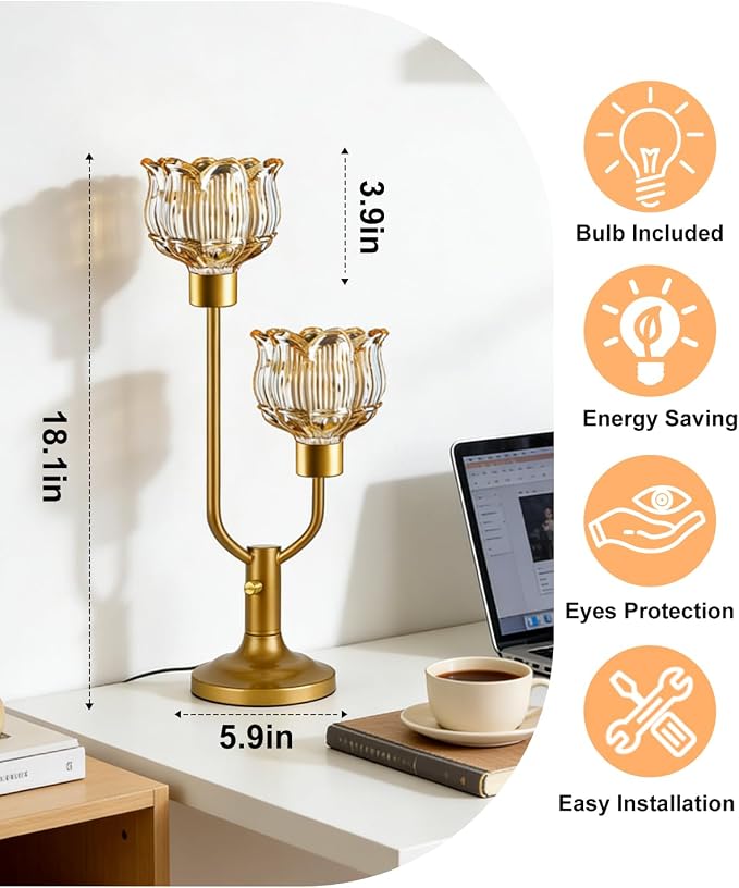 Lightdot Gold Table Lamp for Living Room Dimmable Mid Century Modern Flower Desk Lamp Amber Glass Vintage Nightstand Lamp 2 Bulbs Included Warmwhite Ambient Bedside Lamps for Bedroom Home Office Decor