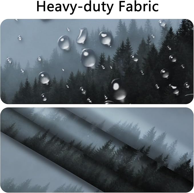 No Hook Forest Shower Curtain with Snap in Fabric Liner, Scenery Foggy Woodland Pattern, Blue Misty Forest Shower Curtains for Modern Bathroom, See Through Top Window, 71x74 Inch