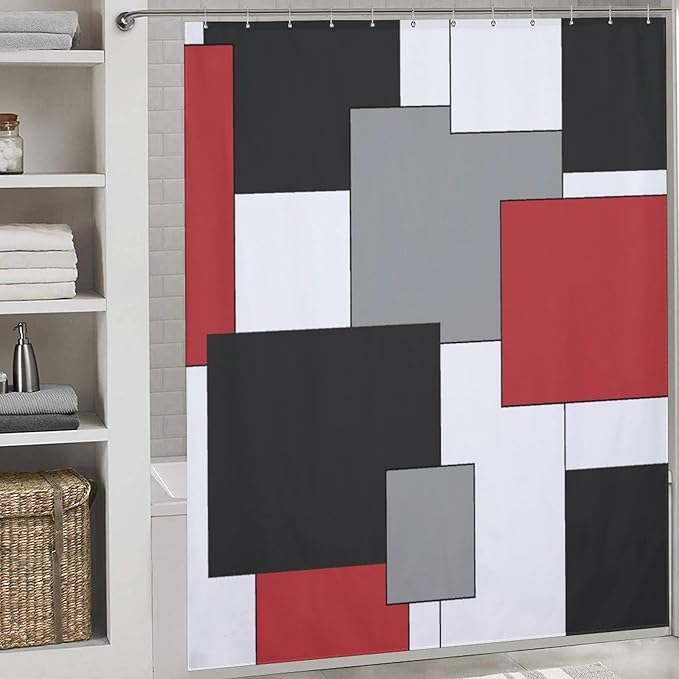 Red Black Shower Curtain,Retro Modern Geometry Minimalist Neutral Design Bathroom Curtain Polyester Waterproof Fabric Decor 72x72in（183x183cm）