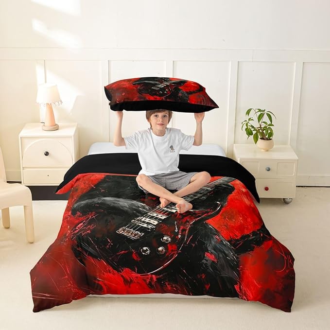 Erosebridal Rock Music Duvet Cover Twin Rock Black Cat Guitar Bedding Set Punk Music Lovers Room Decor Comforter Cover,Trendy Oil Painting Bed Set