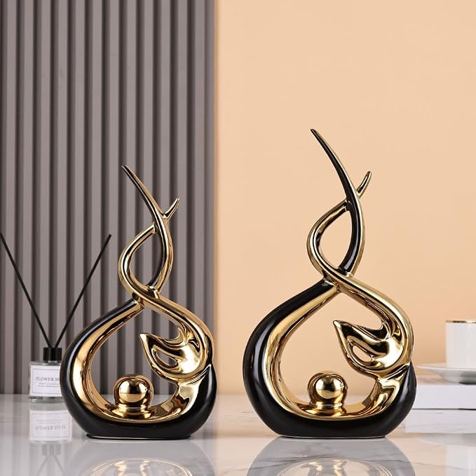 QIANLING Home Decor Modern Abstract Art Ceramic Statue - Black and Gld Ceramic Sculpture, Dining Table Centerpiece Decor, Decoration for Home Decor Living Room Entryway Table Bookshelf Mantle Shelf