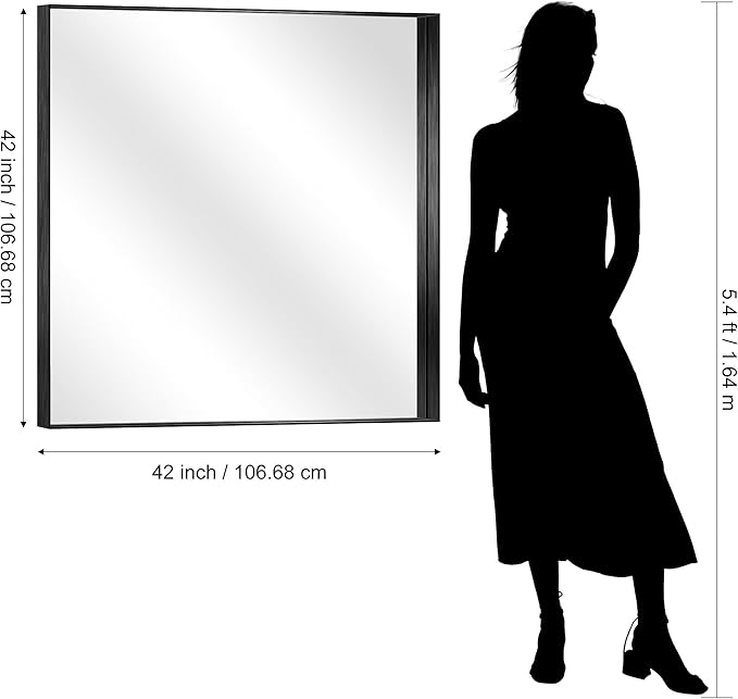 CIRCUMI Black Bathroom Mirror, 42"x42" Rectangular Mirror with Deep Metal Frame, Brushed Finish, Tempered Glass, Mirror for Wall, Oversink, Bedroom, Installed Vertically/Horizontally, Crystal-Clear