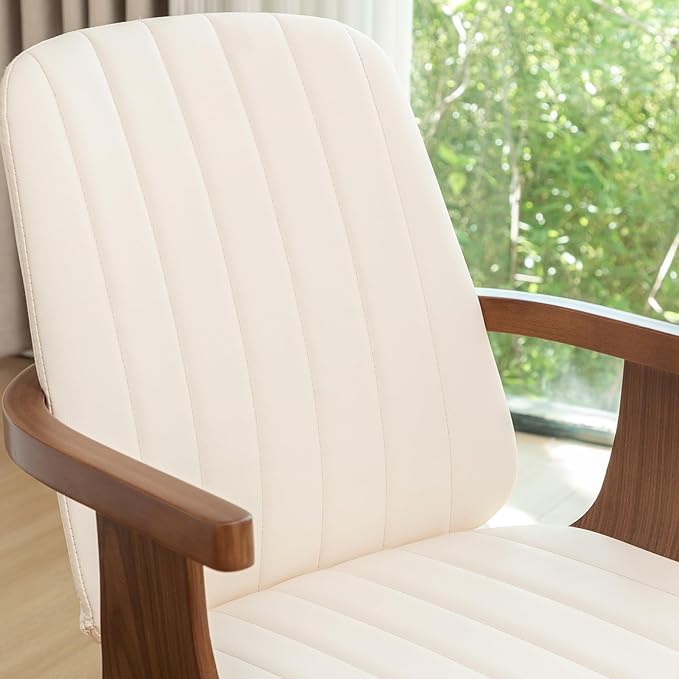 Swivel Dining Chairs Set of 6, Mid Century Modern Dining Chairs with Walnut Craftsmanship, Upholstered Faux Leather , Wooden Arms and Legs, Kitchen Chairs with Arms for Kitchen/Living Room - Beige