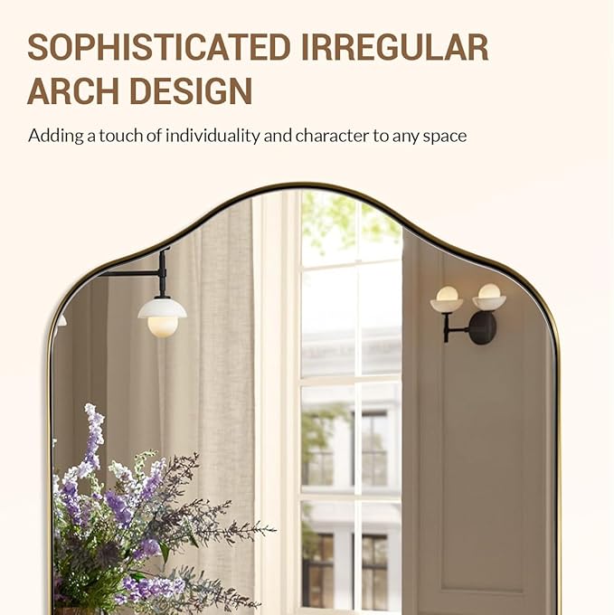 ANDY STAR Brass Scalloped Arched Wall Mirror, 24x38 Brushed Gold Irregular Bathroom Mirror with Curved Design for Vanity, Powder Room, Fireplace, Mantel, Stainless Steel Frame, Rustproof