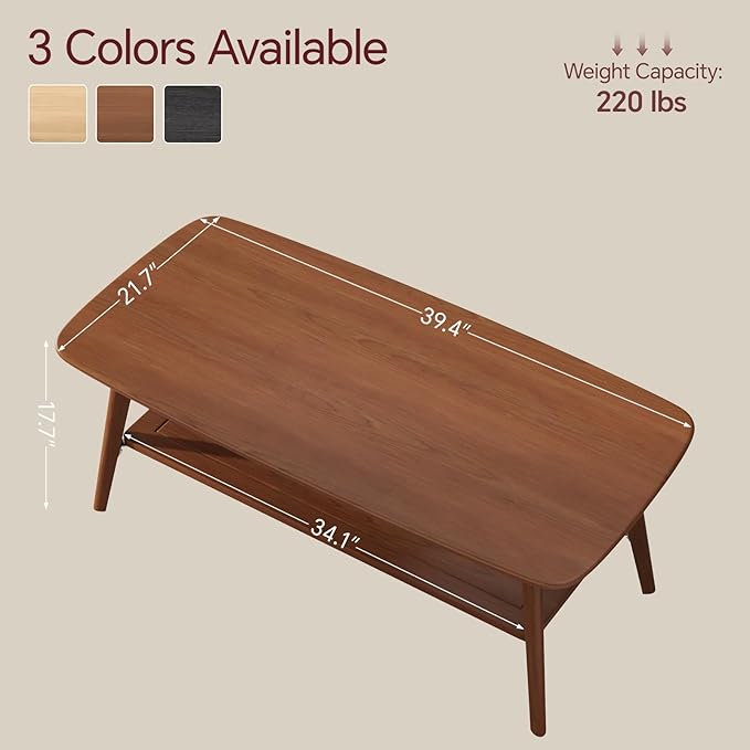 Coffee Table Small Solid Wood Center Table Mid Century Vintage Living Room Coffee Table, Walnut 39.37 Inch