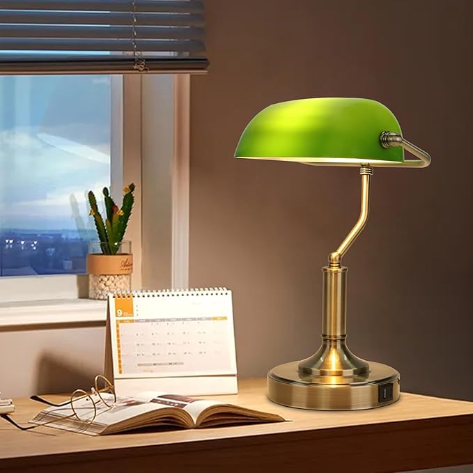 LINNMON Bankers Lamp, Green Desk Lamp with Touch Control Switch, Retro Lamp with USB and Type C Charging Ports, Vintage Lamp for Home Office, Piano, Library, LED Bulb Included (Vintage)