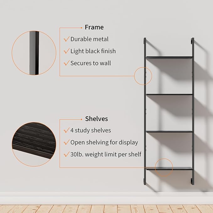 4 Tier Industrial Ladder Bookshelf 15.74" Dx9.44 Wx49.99 H, Wall Mounted Bookcase with Metal Frame for Home Office, Living Room, Study，Black