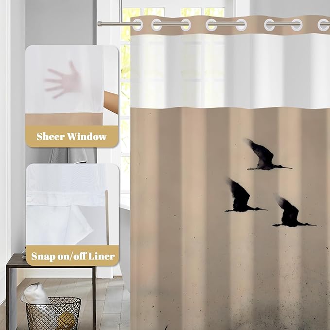 No Hook Shower Curtain with Snap in Liner - Ink Wash Art Flying Bird Crane Print, Waterproof Fabric Bath Curtain with See Through Top for Modern Zen Japanese Bathroom Decor, 71x74 Inch