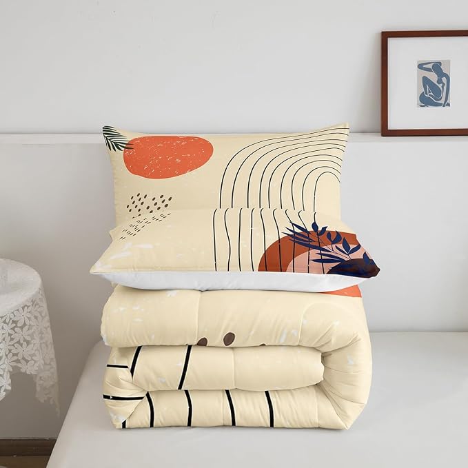 Retro Minimalism Bedding Set King Hippie Modern Comforter Set, Mid Century Duvet Insert Abstract Art Quilt Sets, Geometric Lines Stripes Bedding Comforters & Sets Red Sun Print Bedroom Decoratives