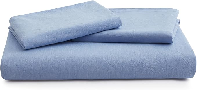 LOVQUE Light Blue Duvet Cover Full Size, 100% Washed Cotton Linen Like Bedding Set with Zipper Closure (No Comforter), 80x90 Inches