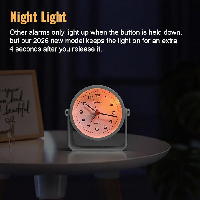 Lamisola 3.5 Inch Small Desk Alarm Clock, Battery Operated Analog Silent Clock with Night Light, Retro Vintage Metal Bedside Clock for Bedroom, Office, Bathroom, Dorm, Shelf, Table - White