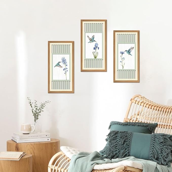 IARTTOP Vintage Floral Hummingbird Sage Green Wall Art Set of 3 Nature Floral Artwork Farmhouse Birds Wooden Wall Decor Country Cottagecore Home Decor for Living Room Bedroom 8 x16Inch Unframed
