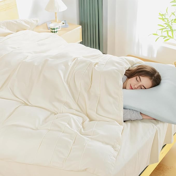 NEXHOME PRO 100% Washed Cotton Duvet Cover Twin,Linen Like Pleated Textured Ivory Duvet Cover Set,2pc Organic Bedding Set with Zipper Closure,Soft,Lightweight Breathable(68"x90",No Comforter)