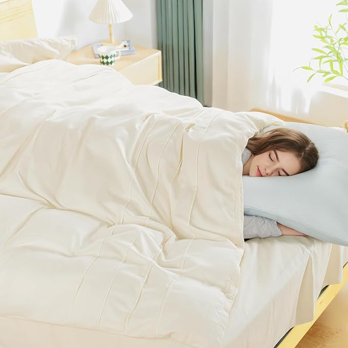 NEXHOME PRO 100% Organic Cotton Duvet Cover Queen, Linen Like Pleated Textured Ivory Duvet Cover Set, 3pc Bedding Set with Zipper Closure, Soft, Lightweight and Breathable,90"x90", No Comforter