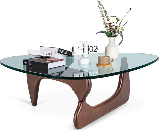 Triangle Glass Coffee Table Modern Coffee Table, with Vintage Clear Glass, and Solid Wood Base, End Table for Living Room, Office, Balcony, Patio (Dark Walnut)