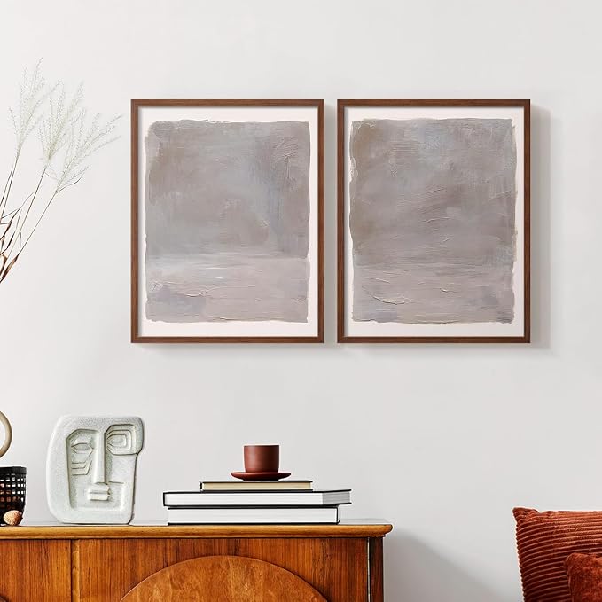 Renditions Gallery Set of 2 Peel & Stick Framed Prints, Watercolor Abstract Wall Art, Neutral Tones Textured Brushstrokes Wall Decor, Re-Stickable - Ready to Hang - 8"x10" - Walnut Frame LT588