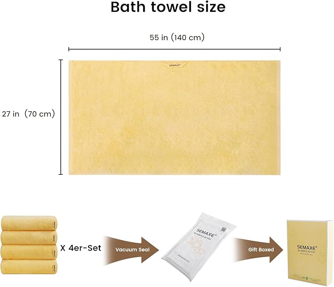 SEMAXE 4-Pack Luxury Bath Towels for Bathroom, 100% Cotton, Soft, Absorbent, and Quick-Drying, 55"x27", Yellow, Perfect for Hotels, Gyms, and Spas