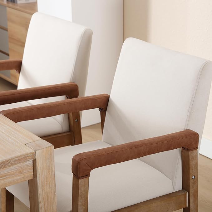 Mid Century Modern Dining Chairs Set of 6 Linen Fabric Upholstered Living Room Side Chair, Kitchen Arm Chair with Solid Wood Legs for Home Kitchen & Restaurant, Linen White