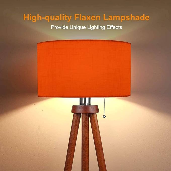 Wood Tripod Floor Lamp Orange Color for a Warm Colorful Modern Standing Lamp Linen Lampshade Dimmable Tall Lamp Mid Century Floor Lamp for Living Room Bedroom