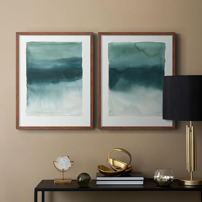 Renditions Gallery Set of 2 Peel & Stick Framed Prints, Tie Dye Abstract Wall Art, Sage Green Watercolor Horizon Wall Decor, Re-Stickable - Ready to Hang - 8"x10" - Walnut Frame LT588