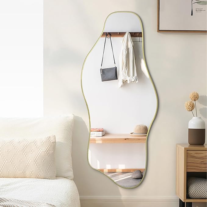 Large Irregular Mirror, 54.5"x24" Asymmetrical Tempered Glass Mirror for Wall, Gold Abstract Frameless Mirrors for Living Room Bathroom Bedroom Hallway Entryway, Horizontal or Vertical Hanging