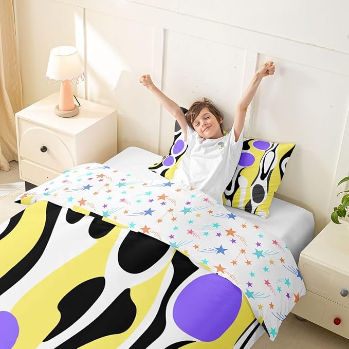 Erosebridal Organic Abstract Duvet Cover Set Modern Contemporary Girl Toddler Bedding Set for Tween Boys Girls Boho Mid Century Wavy Lines Comforter Cover Retro Geometric Bed Sets,Yellow Purple